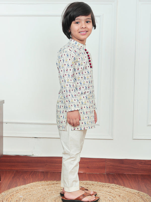 Polka Tots Full Sleeve Cat print Kurta Pyjama Set - Cream