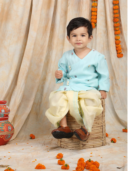 Polka Tots Full sleeves Flower Embroidery Angrakha With Dhoti Set - Blue