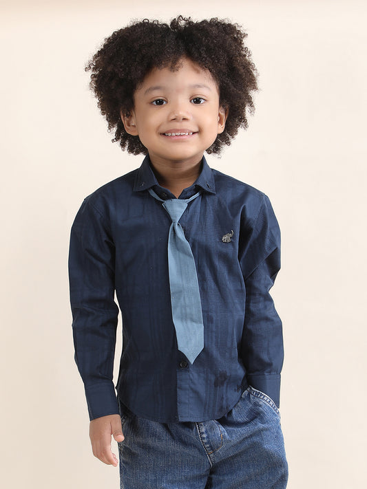 Polka Tots Full Sleeves Cotton self textured Shirt with Tie - Navy