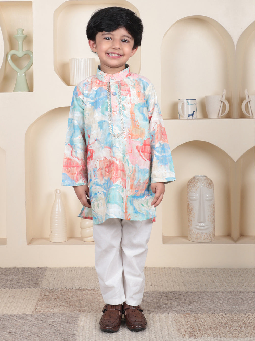 Polka Tots Full Sleeve Abstract print Ethnic Kurta Pyjama Set - Peach
