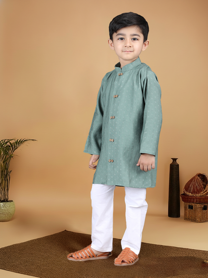 Polka Tots Full Sleeve Boys Geometric Buta Weave Ethnic Kurta Pyjama Set with Wooden Buttons - Green
