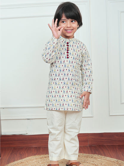 Polka Tots Full Sleeve Cat print Kurta Pyjama Set - Cream