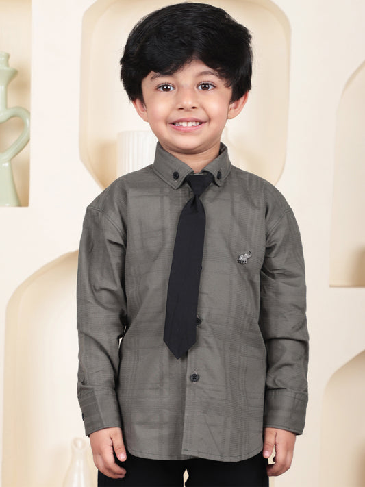 Polka Tots Full Sleeves  Cotton self textured Shirt with Tie - Green