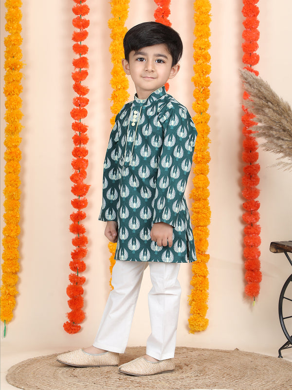 Polka Tots Full Sleeve Bird Print Ethnic Kurta Pyjama Set - Teal