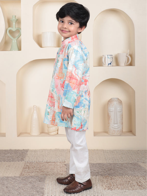 Polka Tots Full Sleeve Abstract print Ethnic Kurta Pyjama Set - Peach