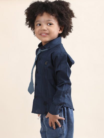 Polka Tots Full Sleeves Cotton self textured Shirt with Tie - Navy