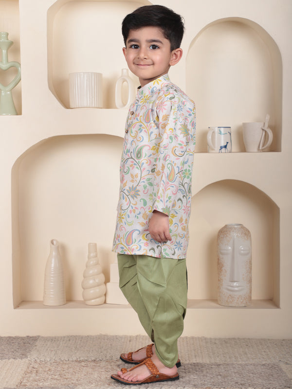 Polka Tots Full Sleeve Floral print Kurta With Dhoti Set - Green