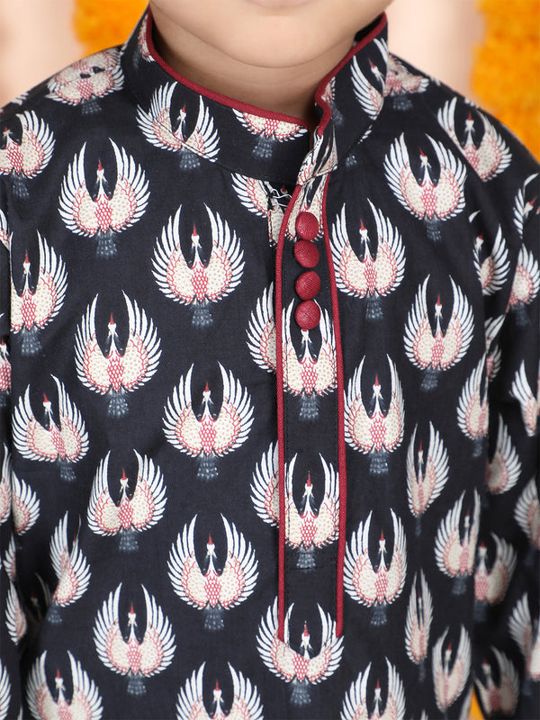 Polka Tots Full Sleeve Bird Print Ethnic Kurta Pyjama Set - Navy Blue