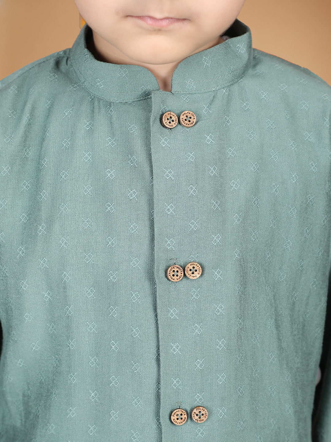 Polka Tots Full Sleeve Boys Geometric Buta Weave Ethnic Kurta Pyjama Set with Wooden Buttons - Green