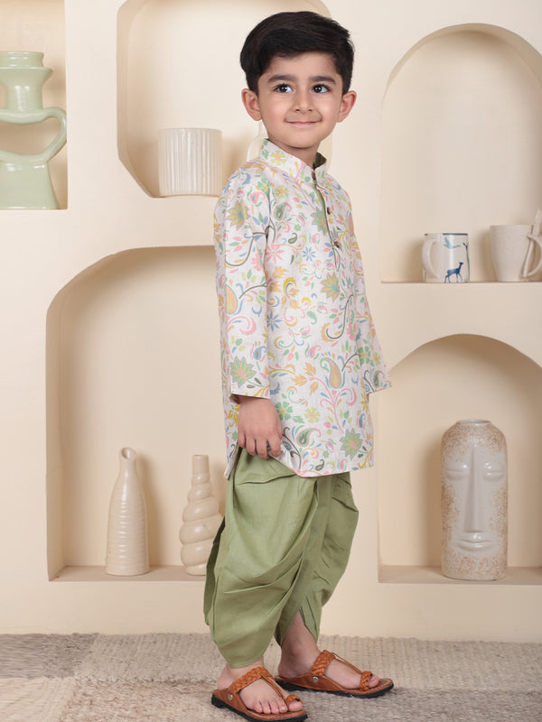 Polka Tots Full Sleeve Floral print Kurta With Dhoti Set - Green