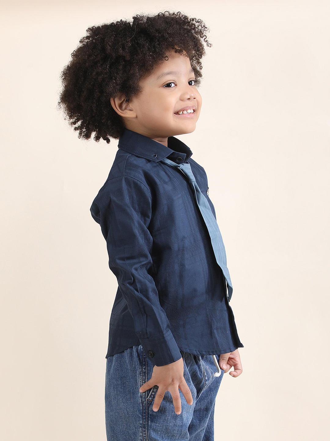 Polka Tots Full Sleeves Cotton self textured Shirt with Tie - Navy