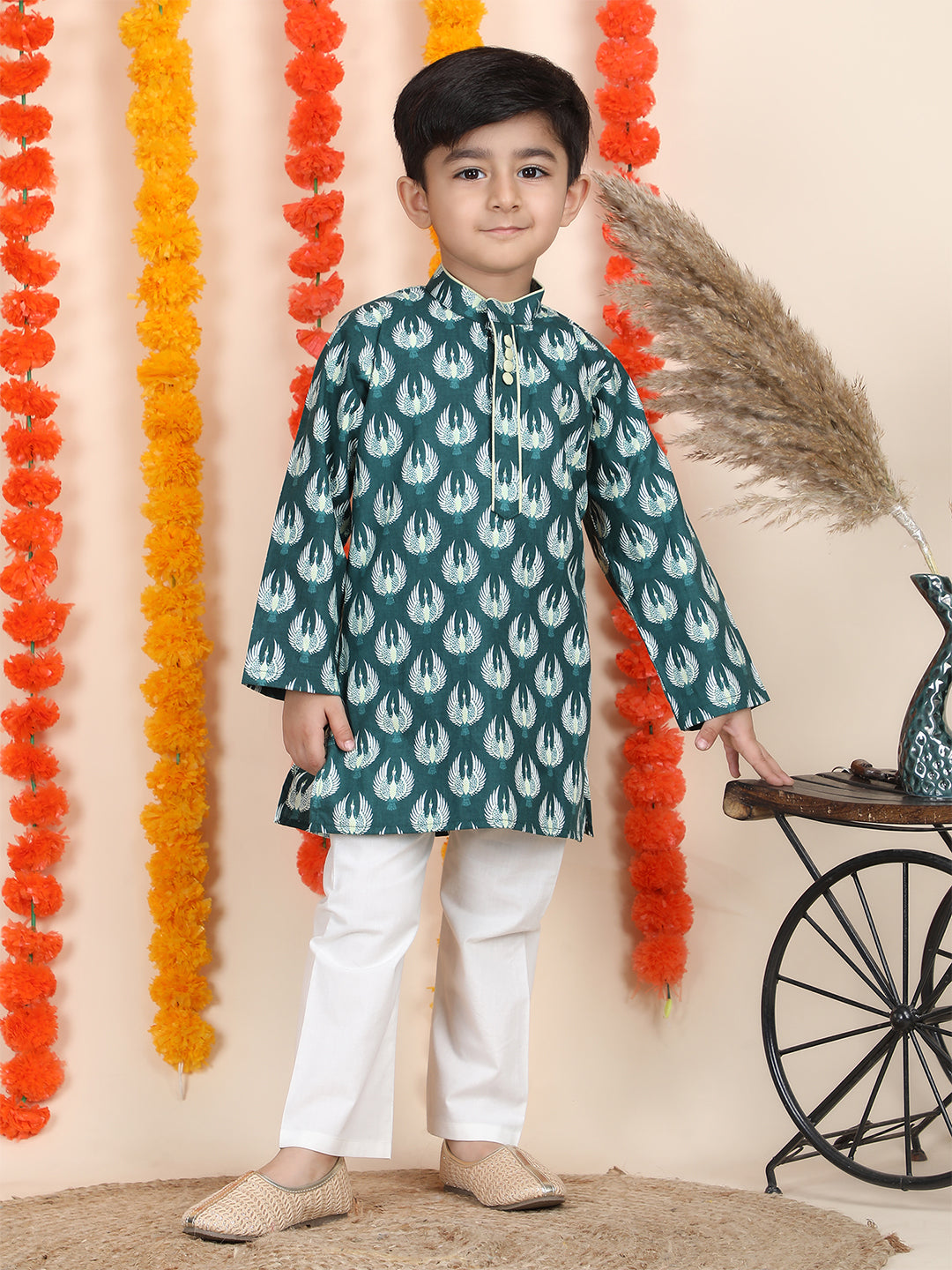 Polka Tots Full Sleeve Bird Print Ethnic Kurta Pyjama Set - Teal
