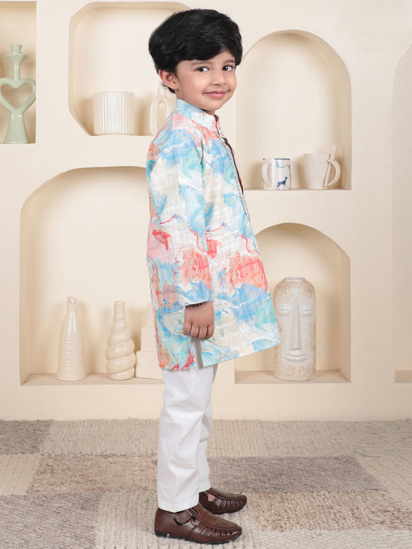 Polka Tots Full Sleeve Abstract print Ethnic Kurta Pyjama Set - Peach