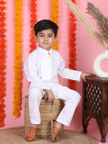 Polka Tots Full Sleeve Solid Ethnic Kurta Pyjama Set - White