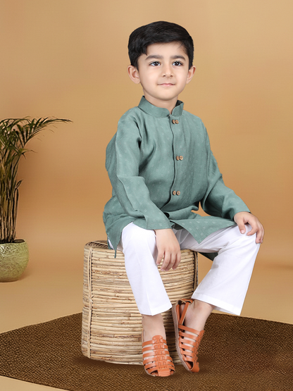 Polka Tots Full Sleeve Boys Geometric Buta Weave Ethnic Kurta Pyjama Set with Wooden Buttons - Green