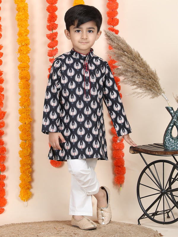 Polka Tots Full Sleeve Bird Print Ethnic Kurta Pyjama Set - Navy Blue