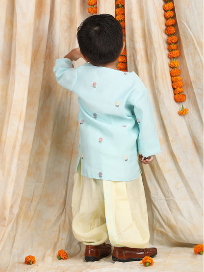 Polka Tots Full sleeves Flower Embroidery Angrakha With Dhoti Set - Blue