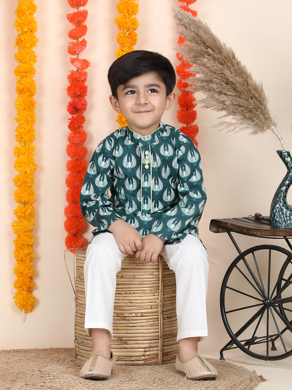 Polka Tots Full Sleeve Bird Print Ethnic Kurta Pyjama Set - Teal
