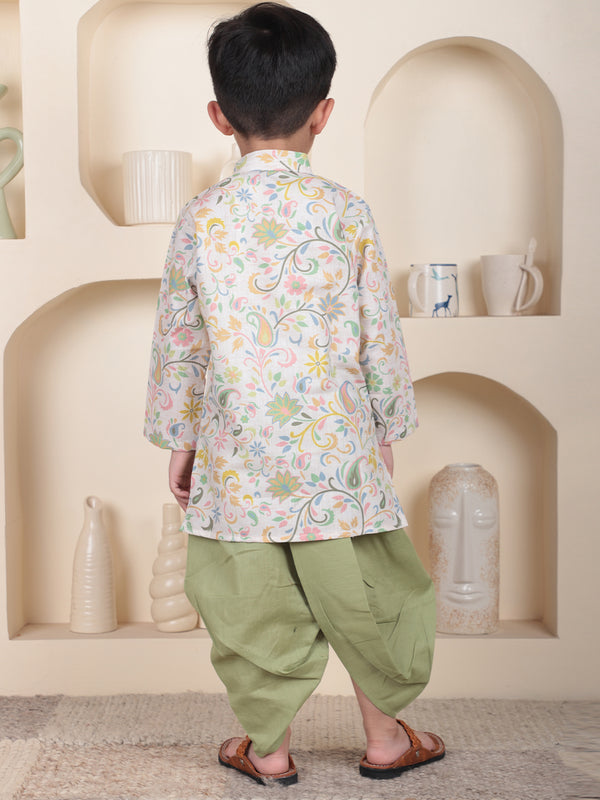 Polka Tots Full Sleeve Floral print Kurta With Dhoti Set - Green