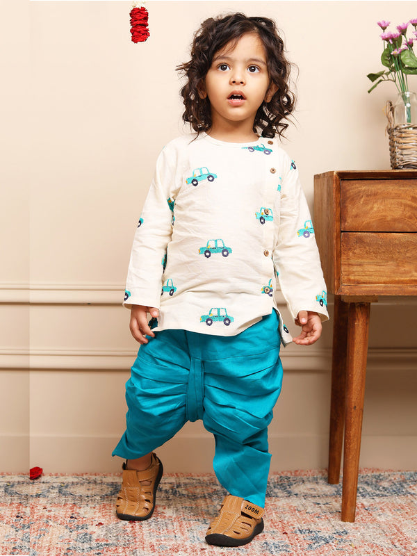 Polka Tots Full Sleeve Car Embroidery Angrakha Top With Dhoti - cream