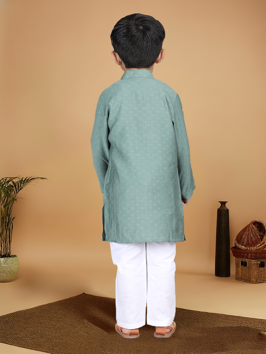 Polka Tots Full Sleeve Boys Geometric Buta Weave Ethnic Kurta Pyjama Set with Wooden Buttons - Green
