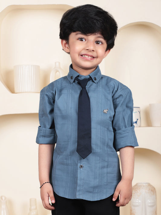 Polka Tots Full Sleeves Cotton self textured Shirt with Tie - Grey