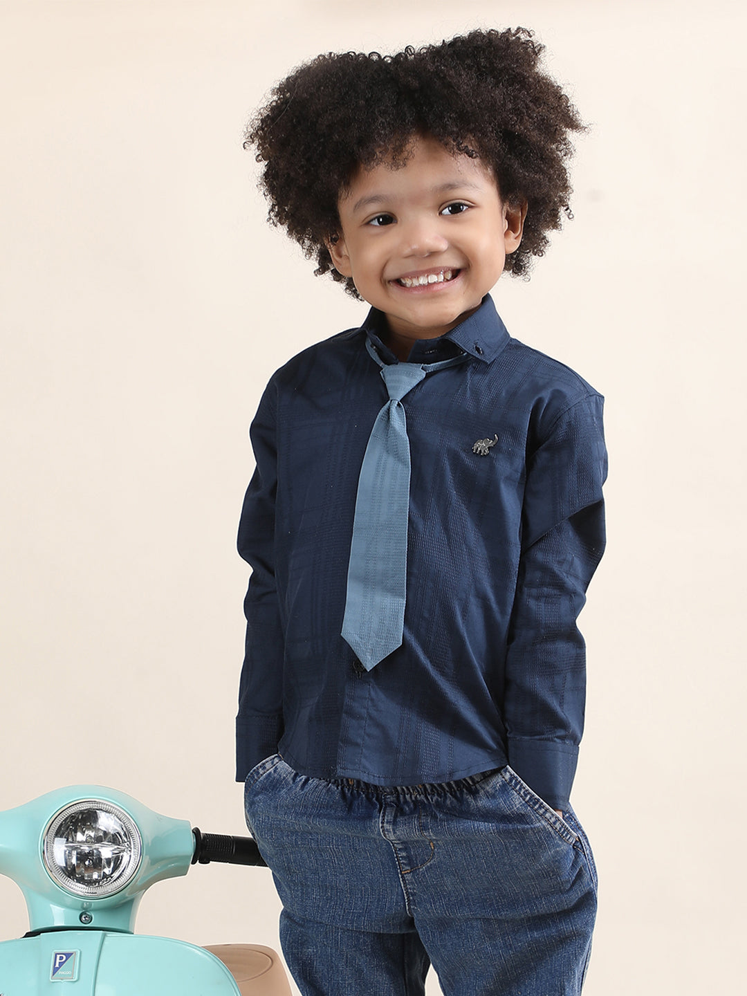 Polka Tots Full Sleeves Cotton self textured Shirt with Tie - Navy