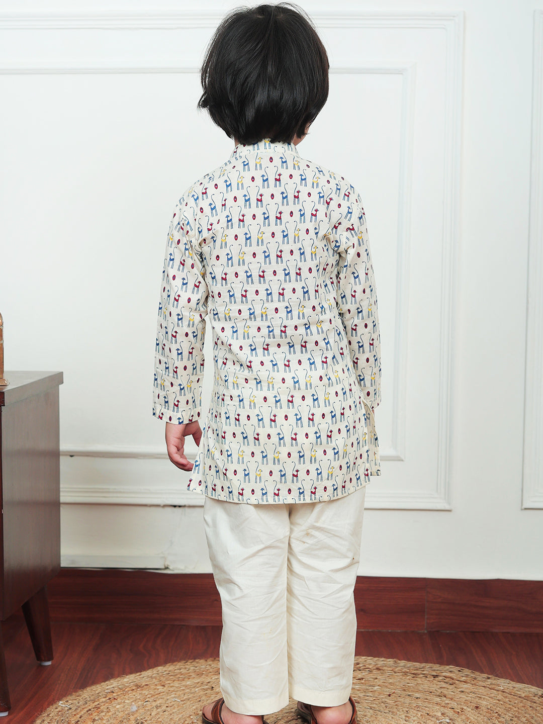 Polka Tots Full Sleeve Cat print Kurta Pyjama Set - Cream