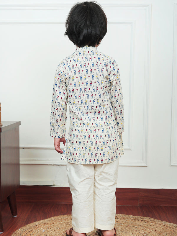 Polka Tots Full Sleeve Cat print Kurta Pyjama Set - Cream