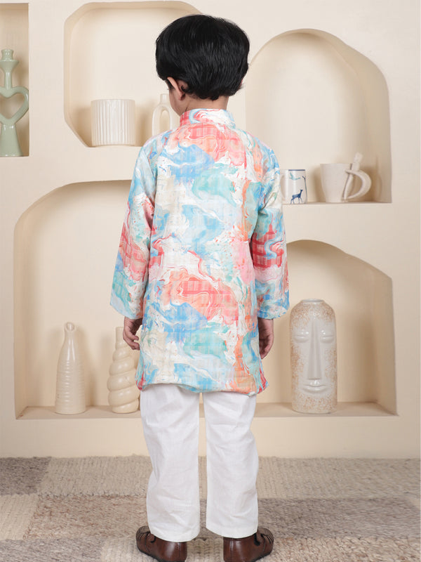Polka Tots Full Sleeve Abstract print Ethnic Kurta Pyjama Set - Peach