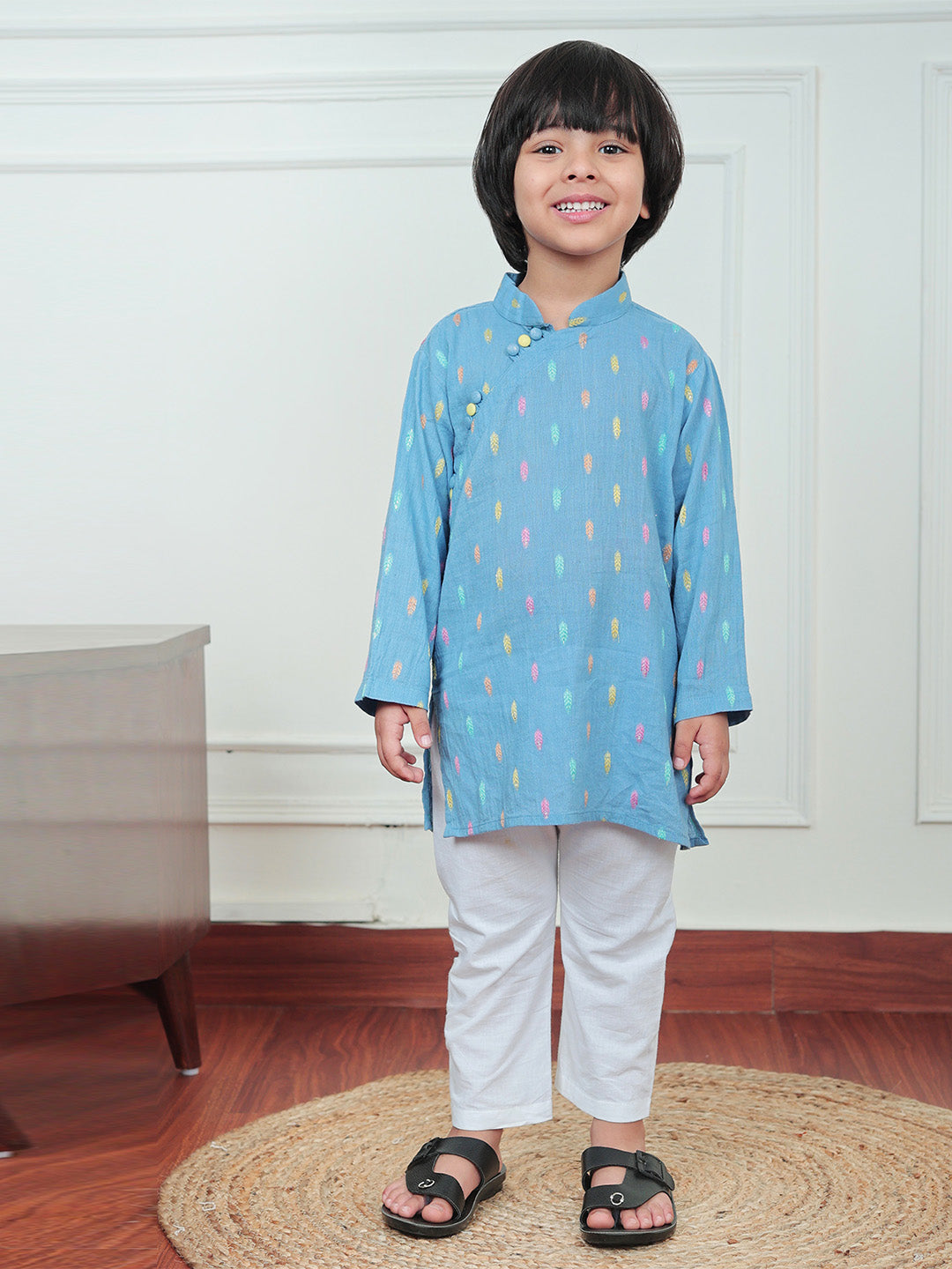 Polka Tots Full Sleeve Leaf embroidery Kurta Pyjama Set - Blue