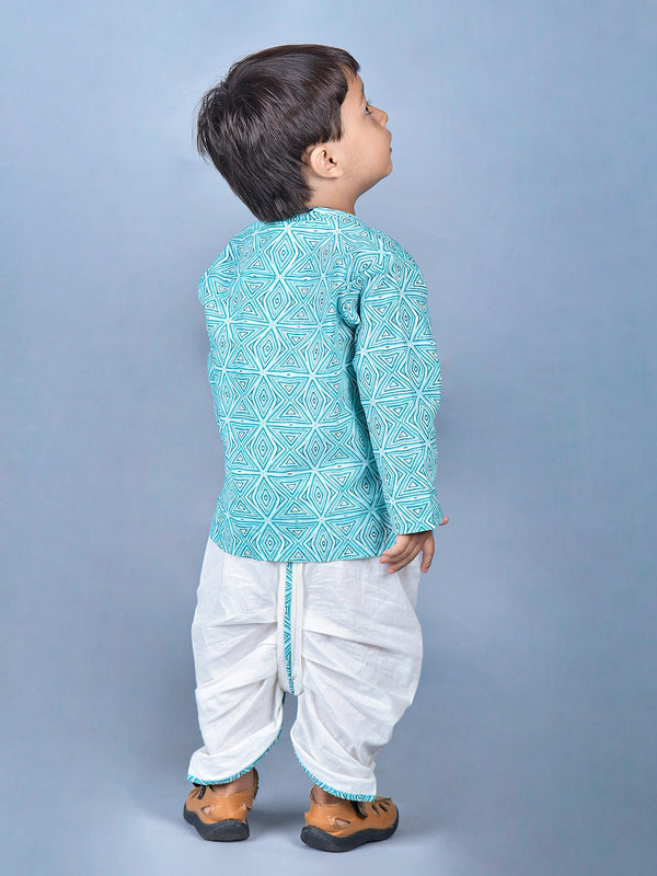 Polka Tots Full Sleeve Angrakha With Dhoti Geometric Print Set - Blue & White
