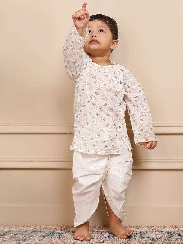 Polka Tots 100% Super Soft Cotton Full SLeeve Elephant Print Angrakha & Dhoti Set - White & Mustard