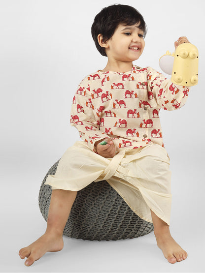 Polka Tots Full Sleeve Camel Print Angrakha Top With Dhoti - Cream