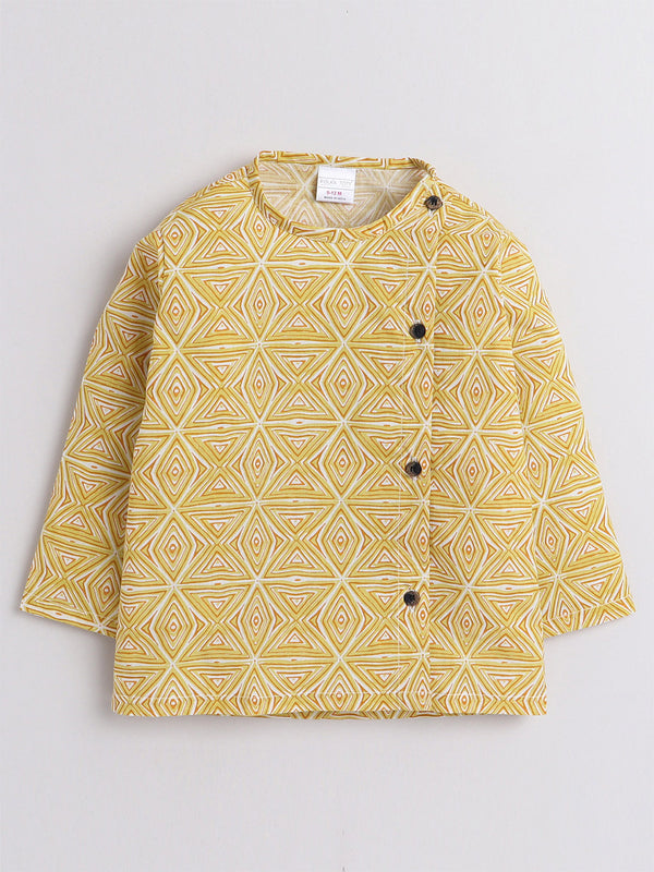 Polka Tots Full Sleeve Geometrical Print Angrakha kurta With Piping Dhoti - Yellow