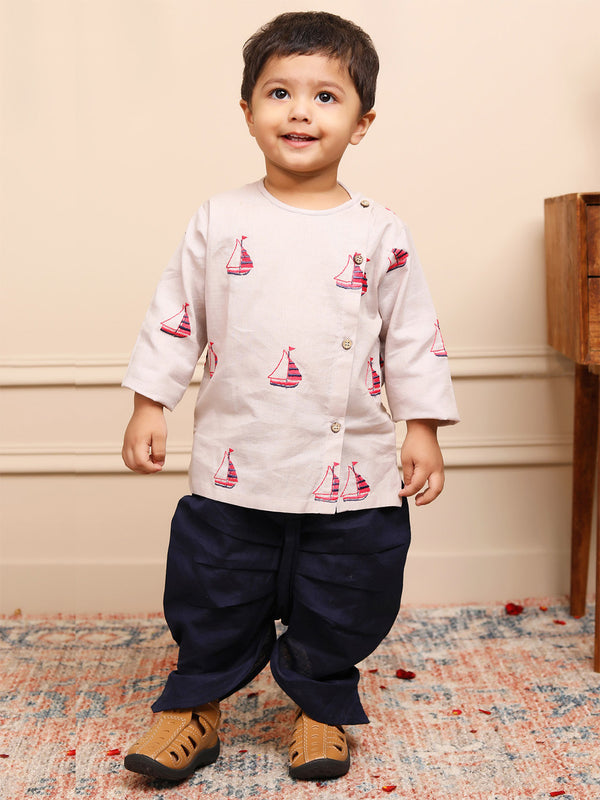 Polka Tots Full Sleeves Boat Embroidery Angrakha with Dhoti - Grey