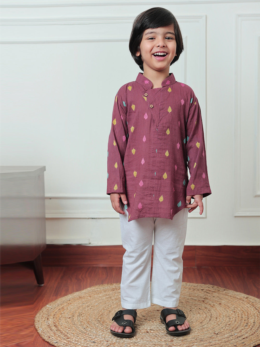 Polka Tots Full Sleeve Leaf embroidery Kurta Pyjama Set - Brown