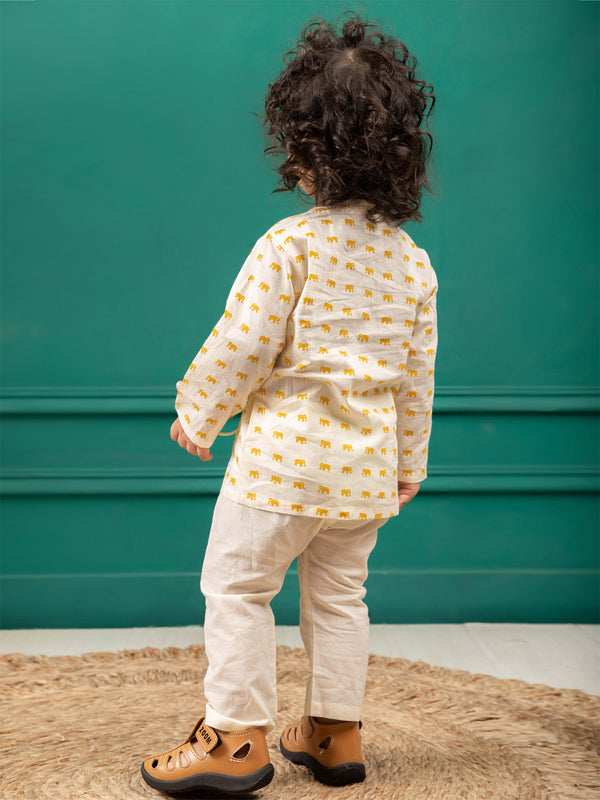 Polka Tots Full Sleeve Elephant Print Front Open Angrakha Kedia Pant Set - Cream