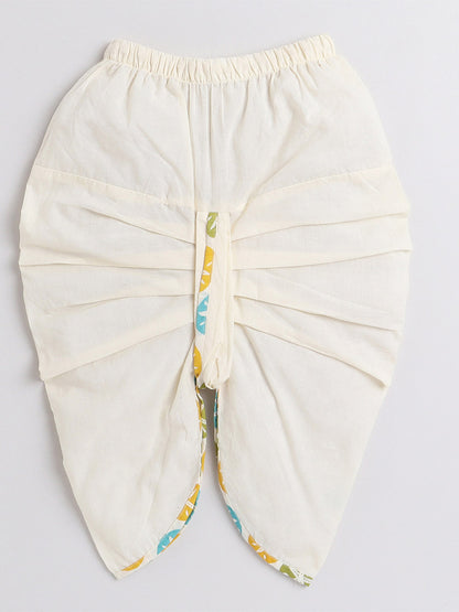 Polka Tots Full Sleeve Multi Color Star Print Angrakha Kurta With Piping Dhoti - Cream