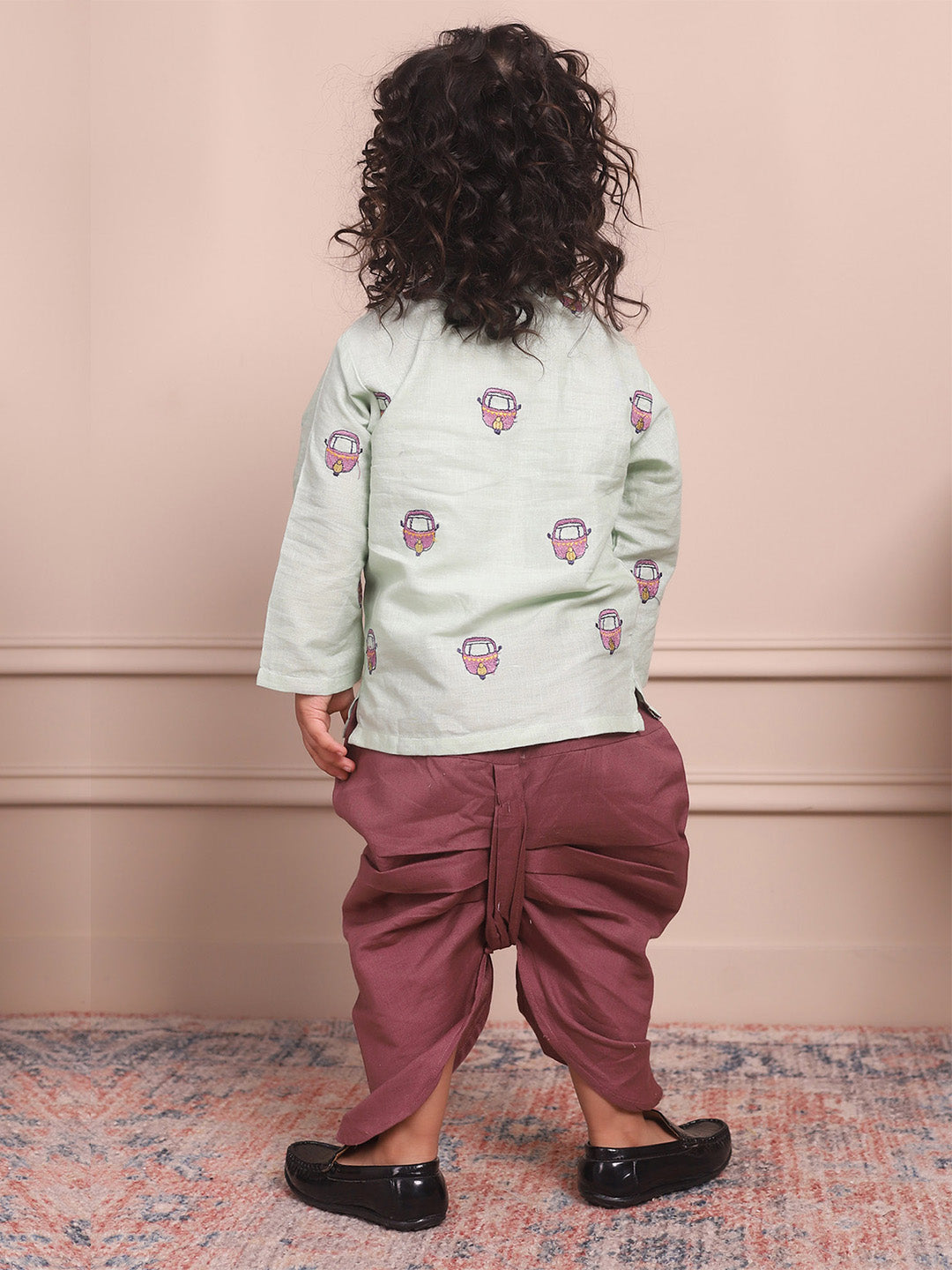 Polka Tots Full Sleeves Rickshaw Embroidery Angrakha with Dhoti - Green