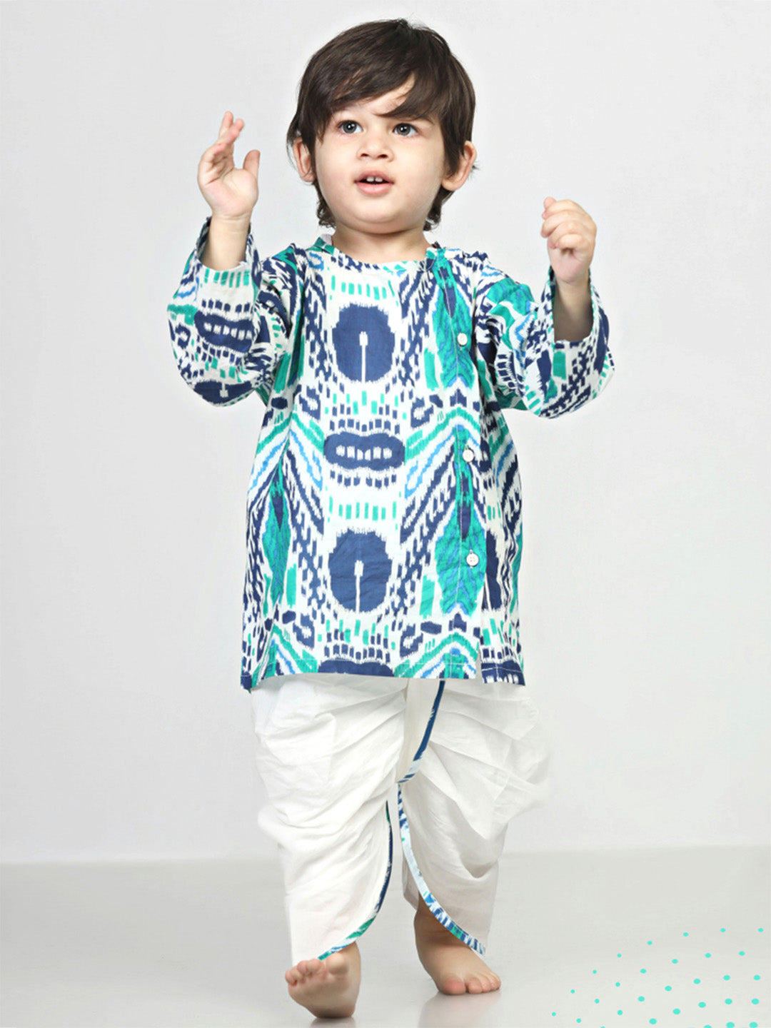 Polka Tots Dhoti Kurta Set for Boys 100% Super Soft Cotton Traditional Ethnic Wear For Kids Peacock Print  - White