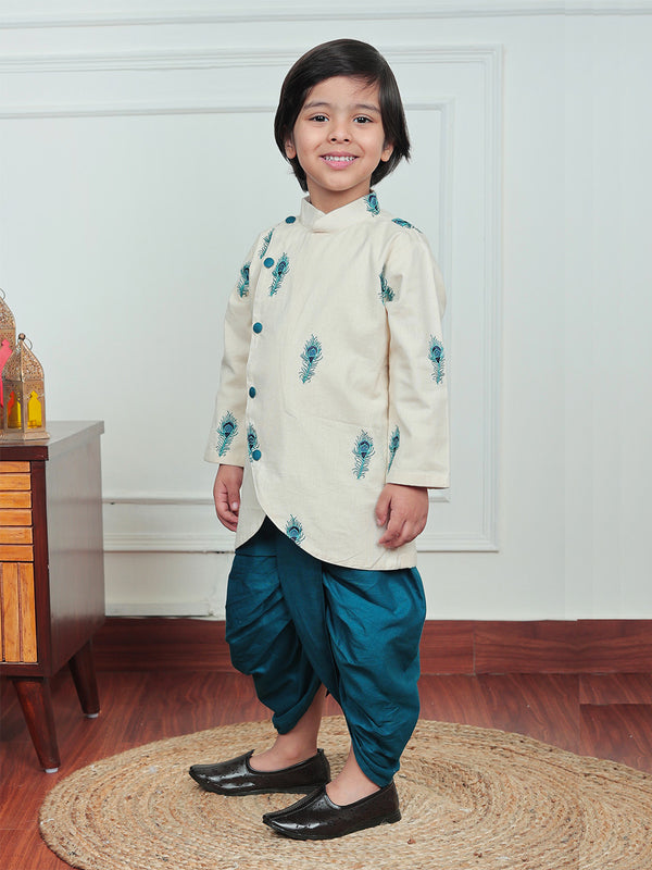 Polka Tots Peacock print Angrakha With Dhoti - Cream