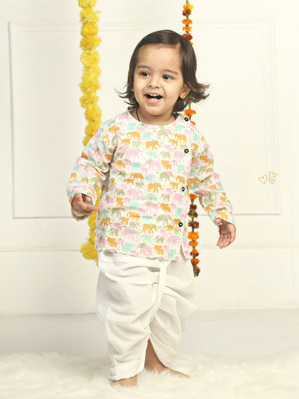Polka Tots Dhoti Kurta Set for Boys 100% Super Soft Cotton Traditional Ethnic Wear For Kids Elephants-Pink and Orange