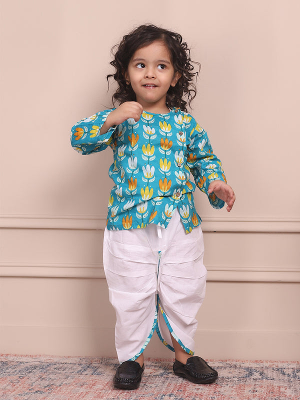 Polka Tots Full Sleeves Lotus Print Angrakha with Dhoti - Blue