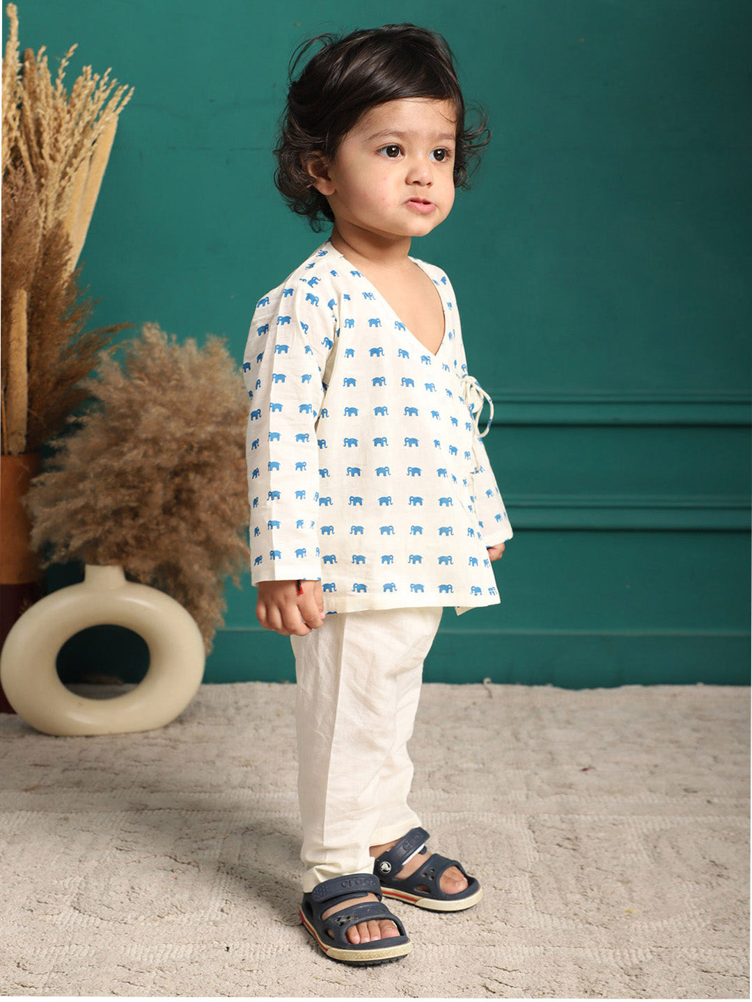 Polka Tots Full Sleeve Elephant Print Front Open Angrakha Kedia Pant Set - Blue