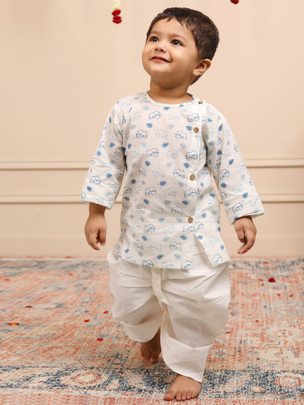 Polka Tots Full Sleeves Elephant Print Angrakha with Dhoti - White & Blue
