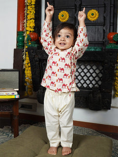 Polka Tots Cotton Camel Print Full Sleeves Angrakha Kedia Pant Set - Cream