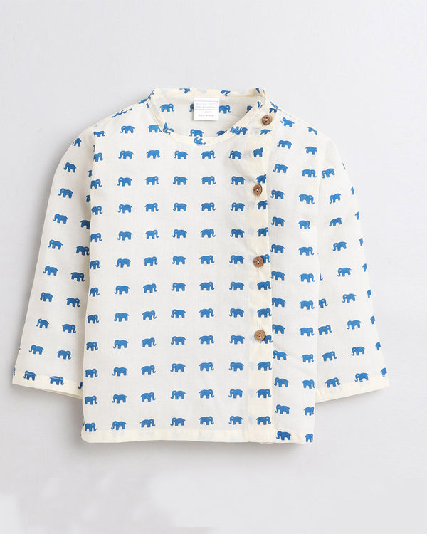 Polka Tots Dhoti Kurta Set for Boys 100% Super Soft Cotton Traditional Ethnic Wear For Kids Blue Elephant - Cream