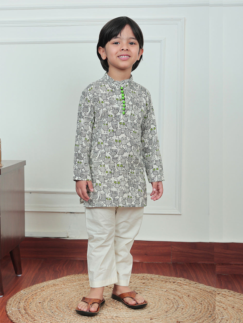 Polka Tots Full Sleeve Owl print Kurta Pyjama Set - Off White