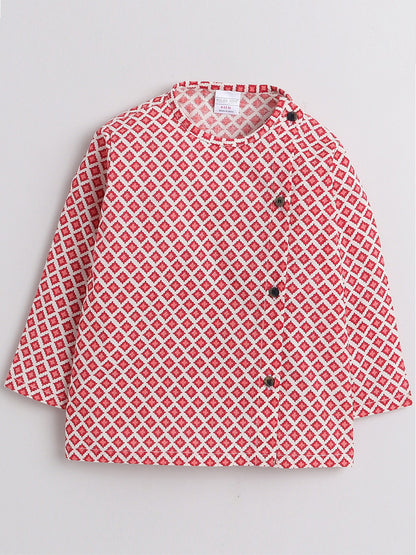 Polka Tots Full Sleeve Small Square Print Angrakha With Piping Dhoti - Cream